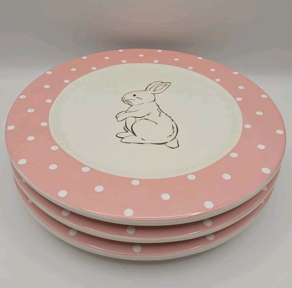 3 Blossoms & Blooms 7" Pink Plates Bunny Rabbit Polka Dot Easter
